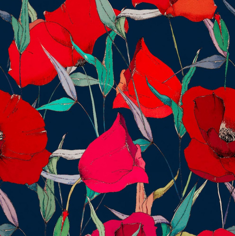 Mönstrad markisväv vallmo blå