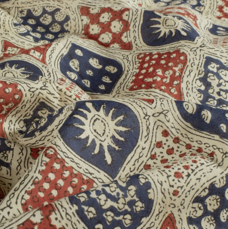 Voile abstrakt beige blå röd 23361