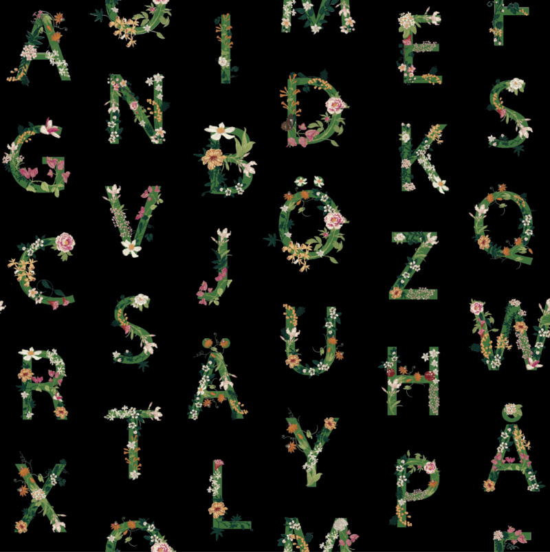 Alfabet blomma svart