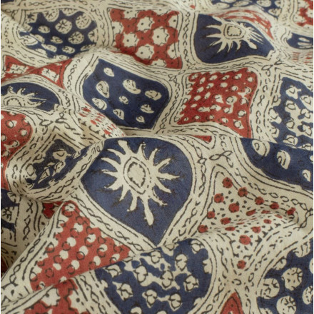 Voile abstrakt beige blå röd 23361