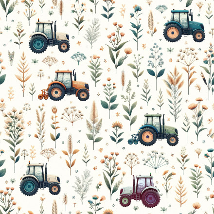 Traktorer på blomsteräng