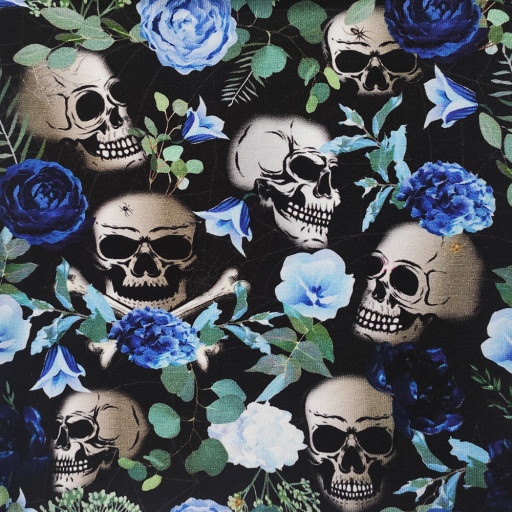 Dödskallar blå blommor svart
